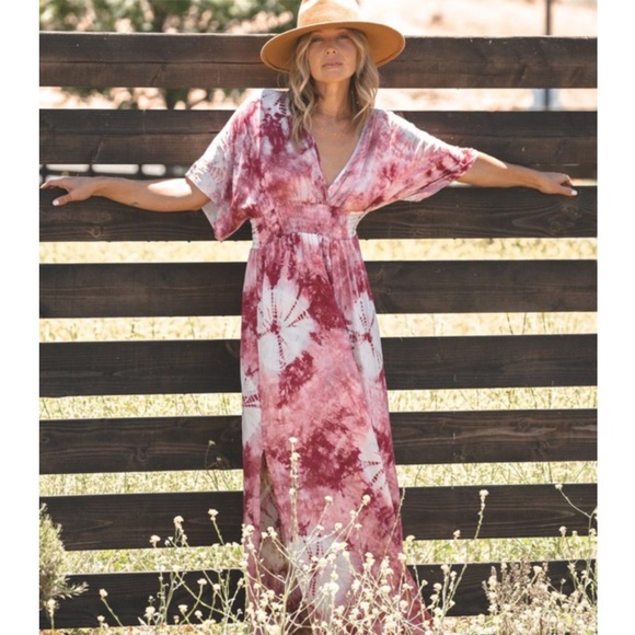 SOLD OUT Wine Kimono Tie Dye Boho Maxi Dress - Picture 2 of 7